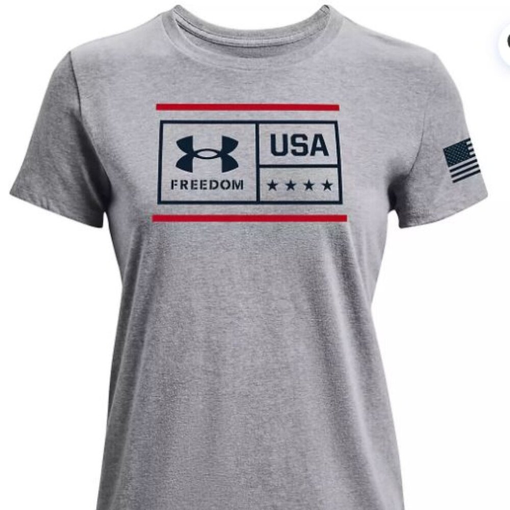 Under Armour Women's T-Shirt Freedom Flag Tee Short Sleeve Gray XL Independence